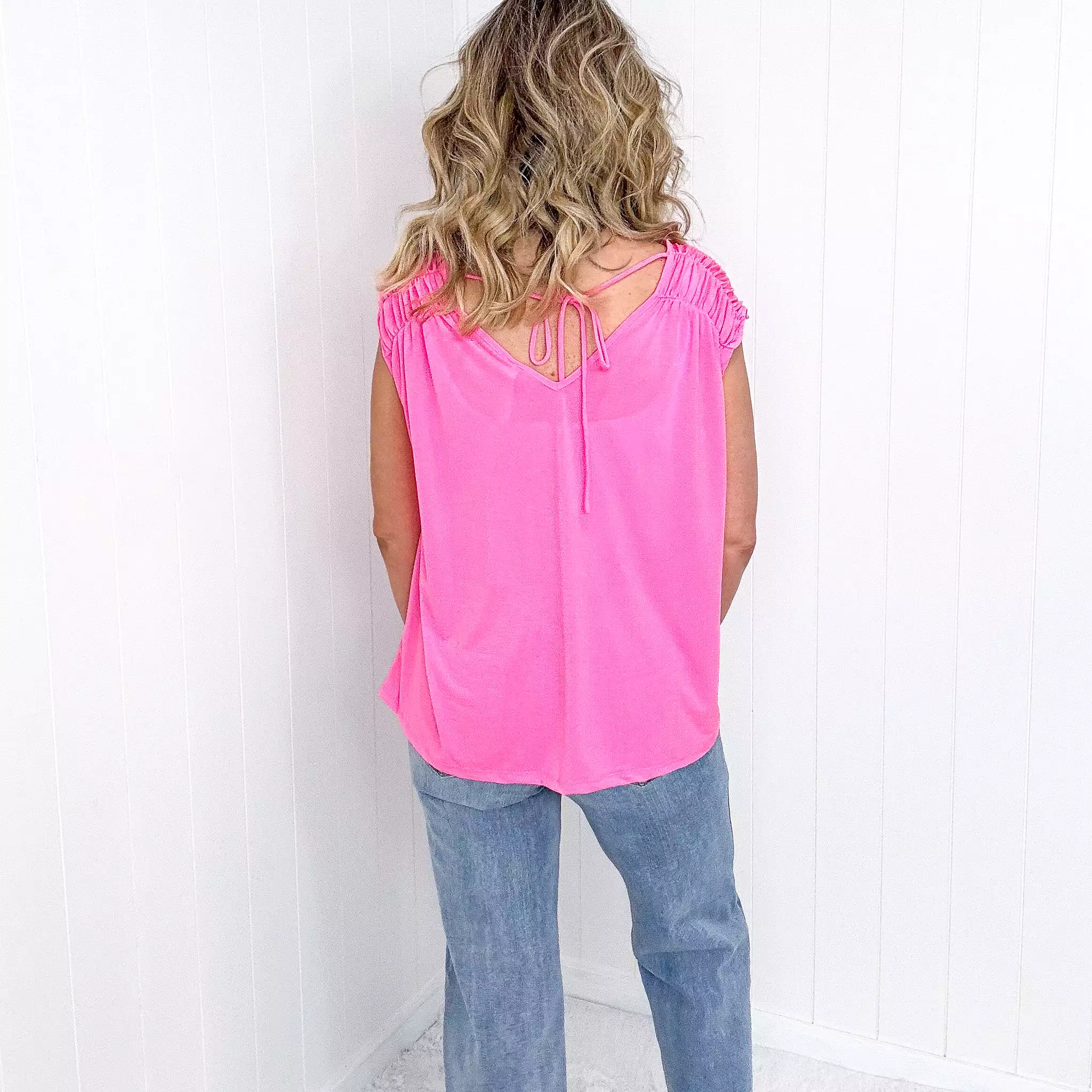 Dear Scarlett Ruched Cap Sleeve Top in Neon Pink